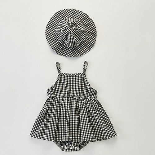 Newborn Baby Girl Jumpsuit + Hat Set – Sleeveless Cotton Plaid Outfit