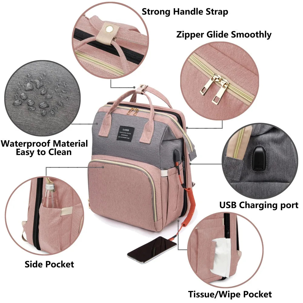 Mommy Bag with Portable Folding Crib – Lightweight, Large-Capacity Travel Diaper Bag