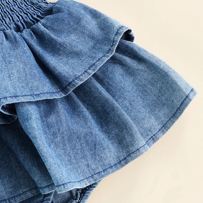 Baby Girl Summer Denim Romper – Sleeveless Suspender Pleated Outfit