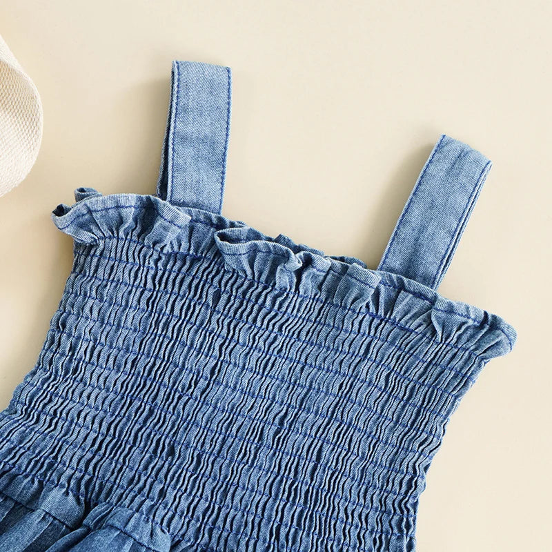 Baby Girl Summer Denim Romper – Sleeveless Suspender Pleated Outfit