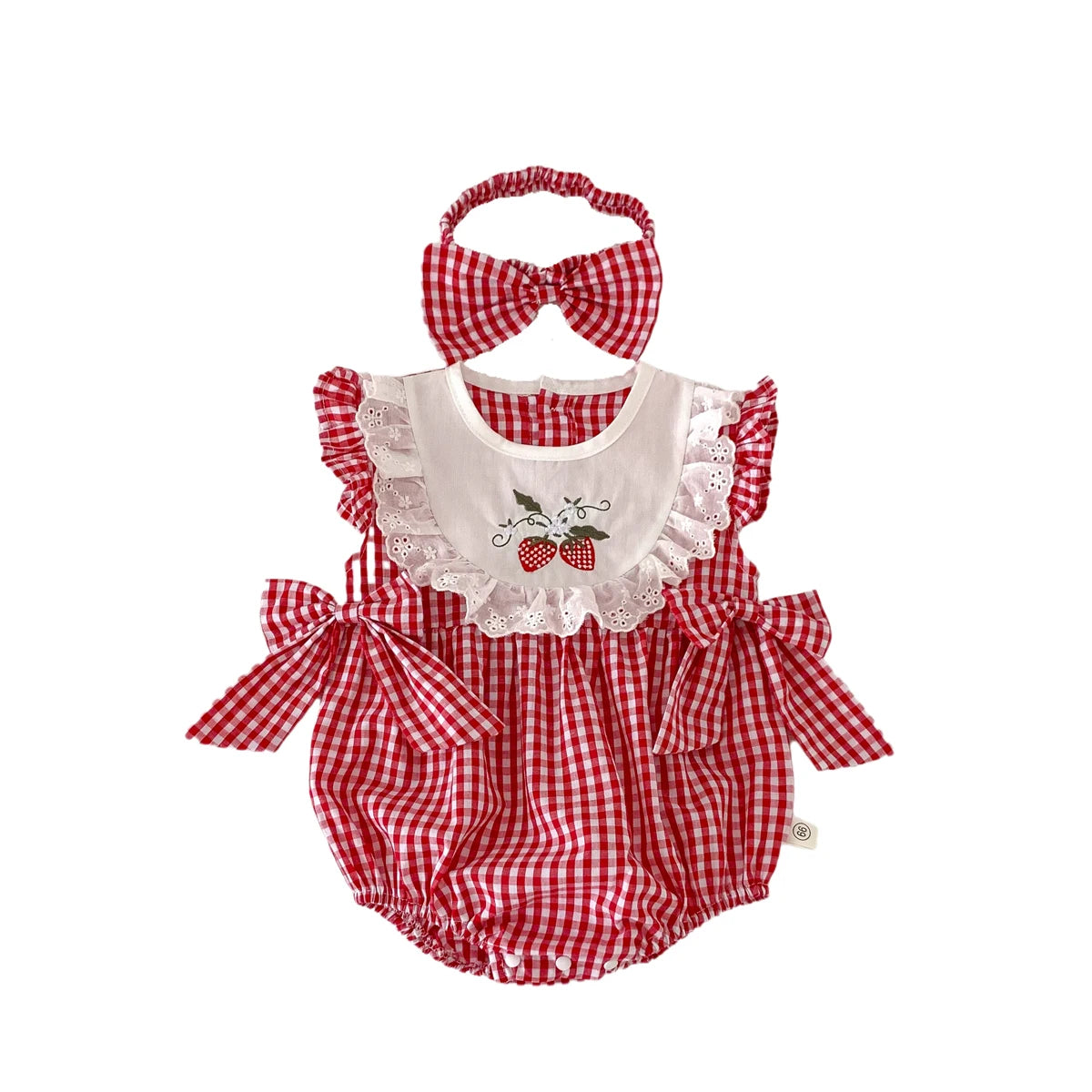 Summer Baby Girl Romper + Headband Set – Red Plaid Strawberry Print (Newborn & Up)