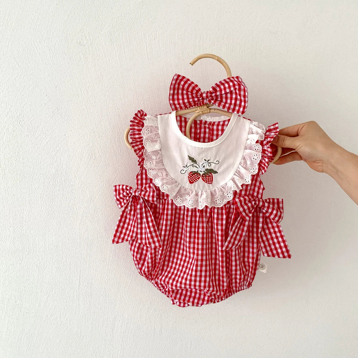 Summer Baby Girl Romper + Headband Set – Red Plaid Strawberry Print (Newborn & Up)