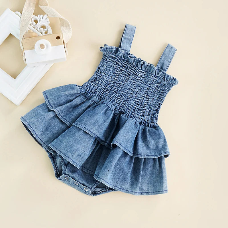 Baby Girl Summer Denim Romper – Sleeveless Suspender Pleated Outfit