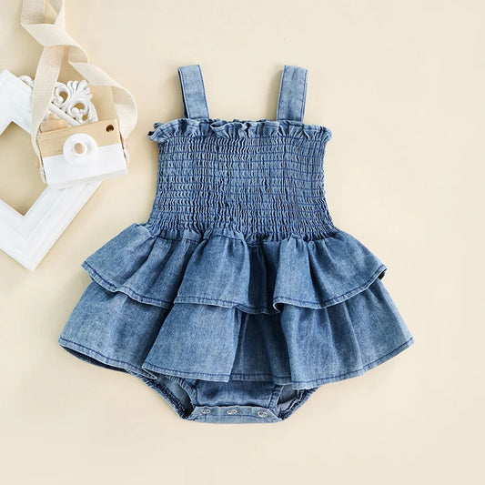 Baby Girl Summer Denim Romper – Sleeveless Suspender Pleated Outfit