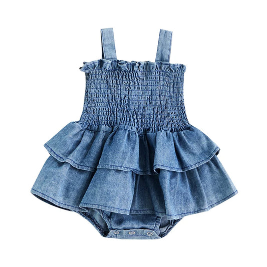 Baby Girl Summer Denim Romper – Sleeveless Suspender Pleated Outfit