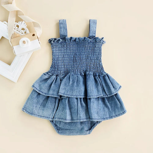 Baby Girl Summer Denim Romper – Sleeveless Suspender Pleated Outfit