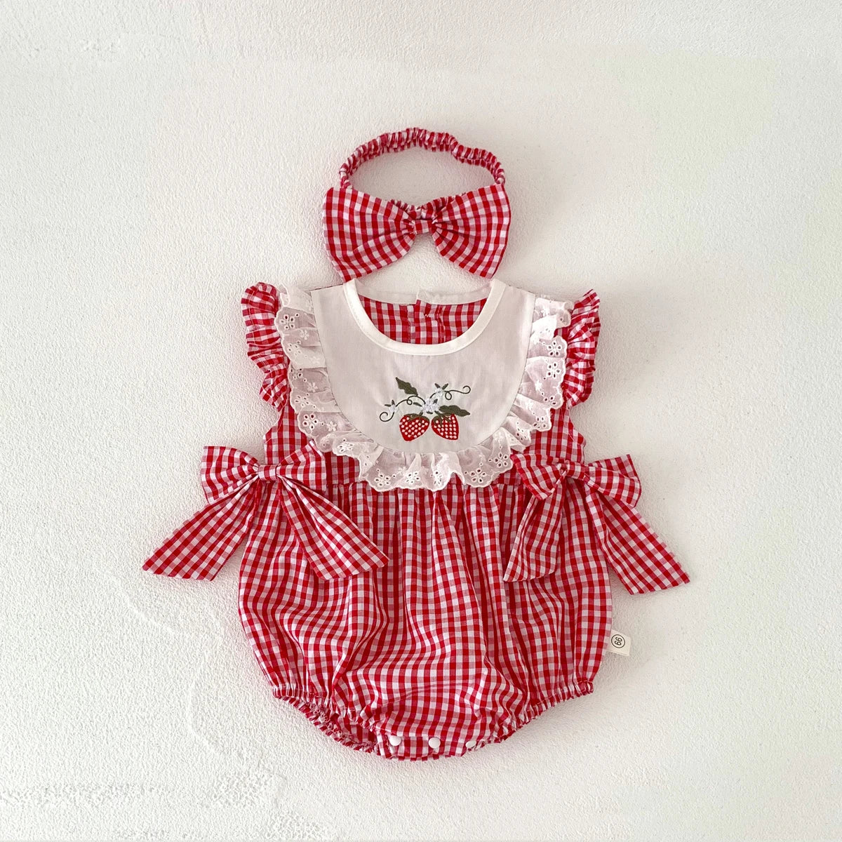 Summer Baby Girl Romper + Headband Set – Red Plaid Strawberry Print (Newborn & Up)