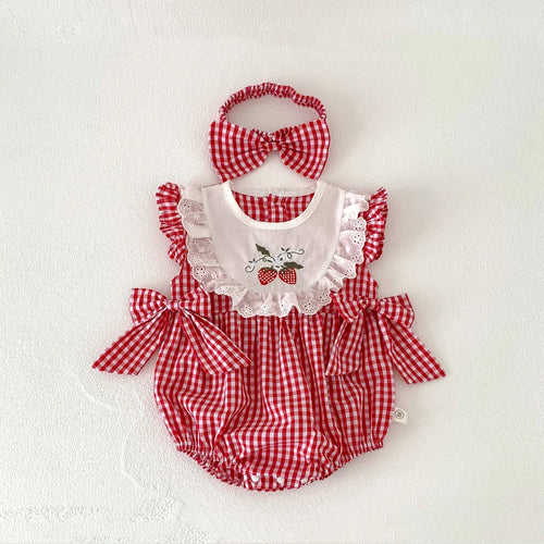 Summer Baby Girl Romper + Headband Set – Red Plaid Strawberry Print (Newborn & Up)