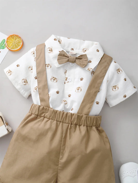 2PCS Infant Boy Clothes Set – Tiger Print Short Sleeve Top with Bow & Strap Pants