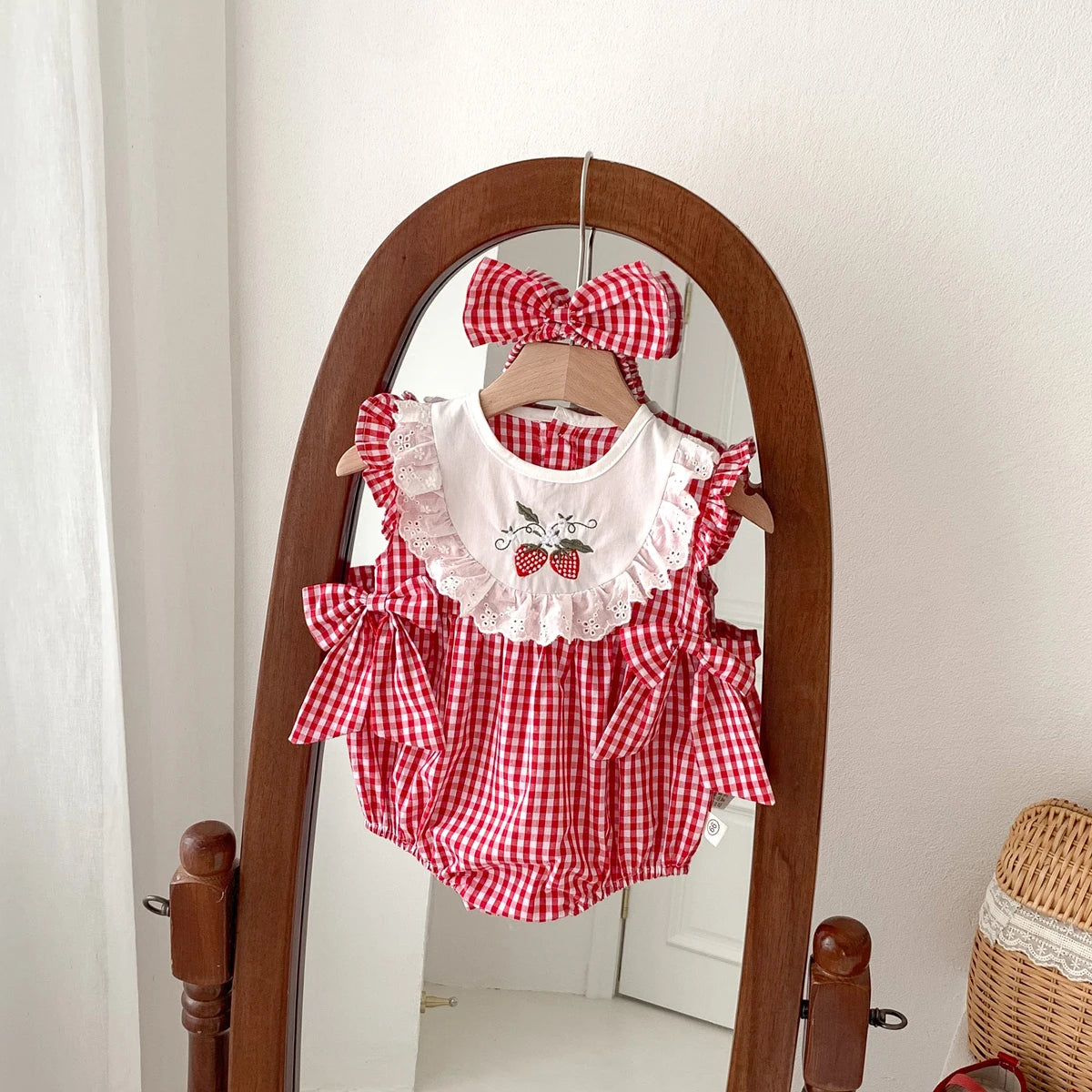 Summer Baby Girl Romper + Headband Set – Red Plaid Strawberry Print (Newborn & Up)