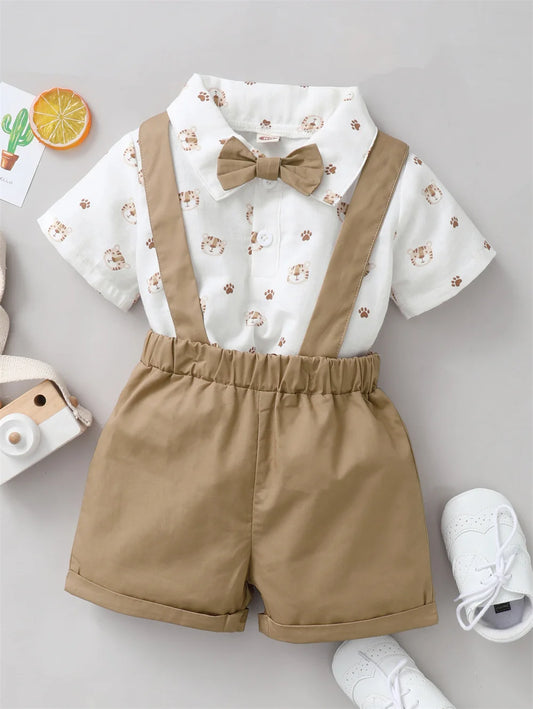 2PCS Infant Boy Clothes Set – Tiger Print Short Sleeve Top with Bow & Strap Pants